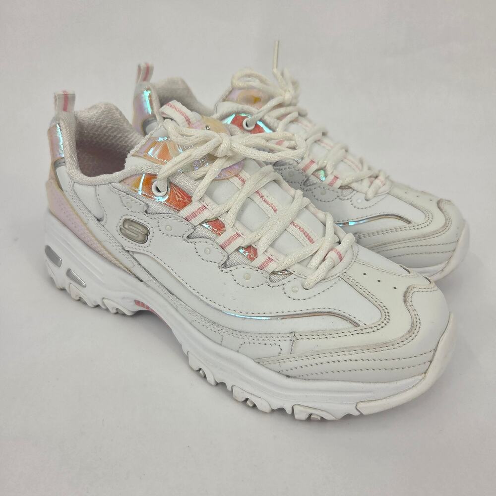 NEW Skechers D'Lites Pearly Glow White Orange Holo Sneaker 90s Vibe Women's 9.5